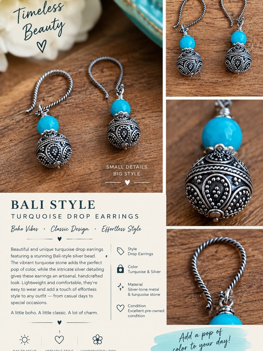 Turquoise Bali-Style Drop Earrings - Timeless Beauty